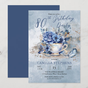 Elegant Winter Floral Teacup 80th Birthday Party Invitation
