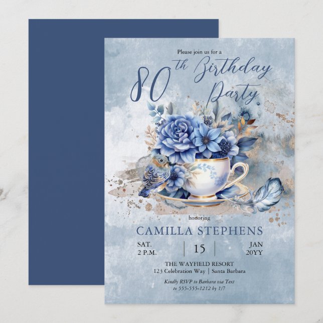 Elegant Winter Floral Teacup 80th Birthday Party Invitation (Front/Back)