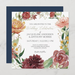Elegant Winter Floral Wedding Navy Red Blush Roses Invitation
