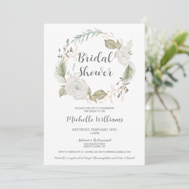 Elegant Winter Floral Wreath Bridal Shower Invitation (Standing Front)
