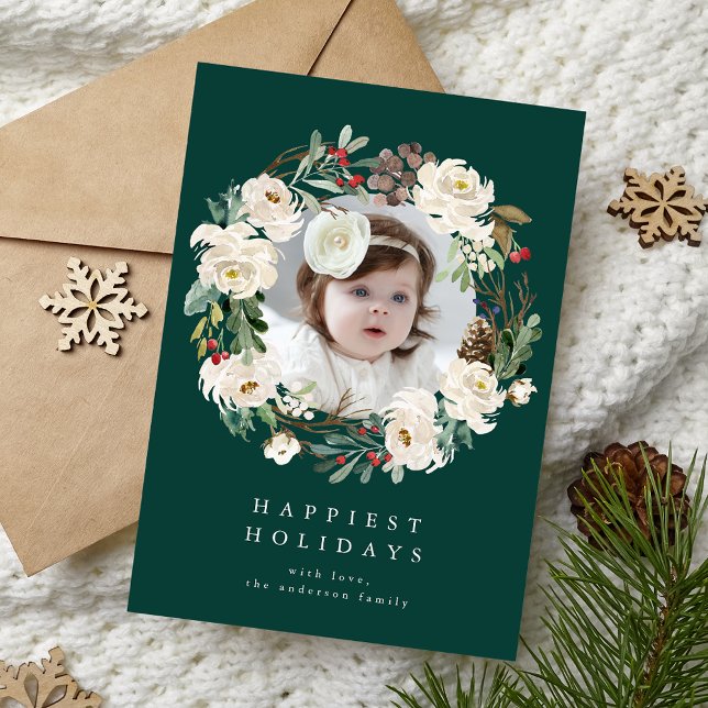 Elegant Winter Floral Wreath Green Photo Holiday Card (Creator Uploaded)