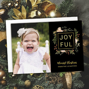 Elegant Winter Florals   Joyful Photo Christmas  Foil Holiday Card