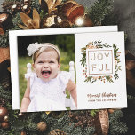 Elegant Winter Florals | Joyful Photo Christmas    Foil Holiday Card<br><div class="desc">Send stylish, elegant photo holiday cards to friends and family with this 1 photo flat card. It features a hand painted floral design in dark olive green, terracotta burnt orange, ivory, and peach over a white background (background color can be customized, if desired). Real foil text and square frame outline...</div>