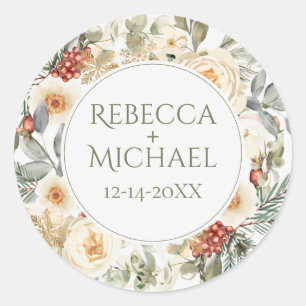 Elegant Winter Florals Personalised Wedding Classic Round Sticker