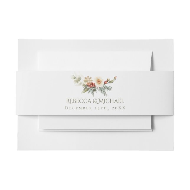 Elegant Winter Flowers and Greenery Wedding Invitation Belly Band (Front Example)