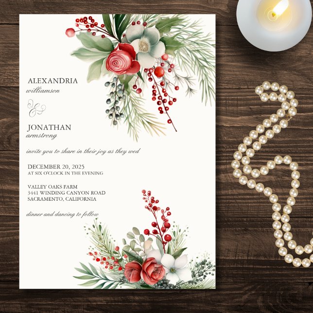 Elegant Winter Flowers, Berries & Pine Wedding  Invitation (Creator Uploaded)