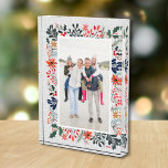 Elegant Winter Flowers Snow Family Photo Block<br><div class="desc">Acrylic Photo Block features your favourite photo surrounded by snow and stylish winter flowers - poinsettias,  berries and leaves - on ANY COLOR BACKGROUND (we show light grey.) Change the YEAR (in the lower right corner) or it can be deleted. MATCHING items in our store.</div>