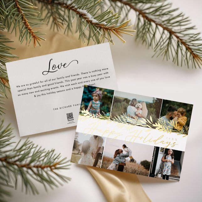 Elegant Winter Foliage 6 Photo Family Collage Foil Holiday Card (legant Winter Foliage 6 Photo Family Collage Foil Holiday Card)