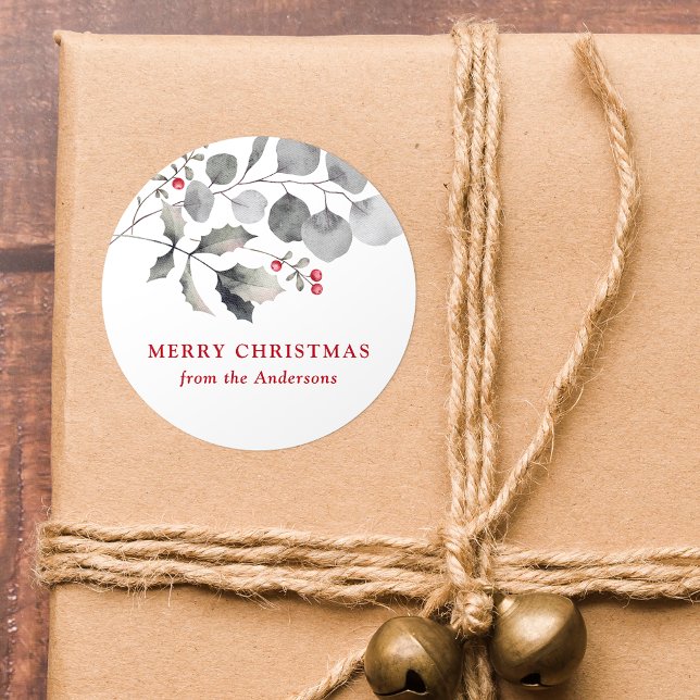 Elegant Winter Foliage and Holly Berries Classic Round Sticker (Creator Uploaded)