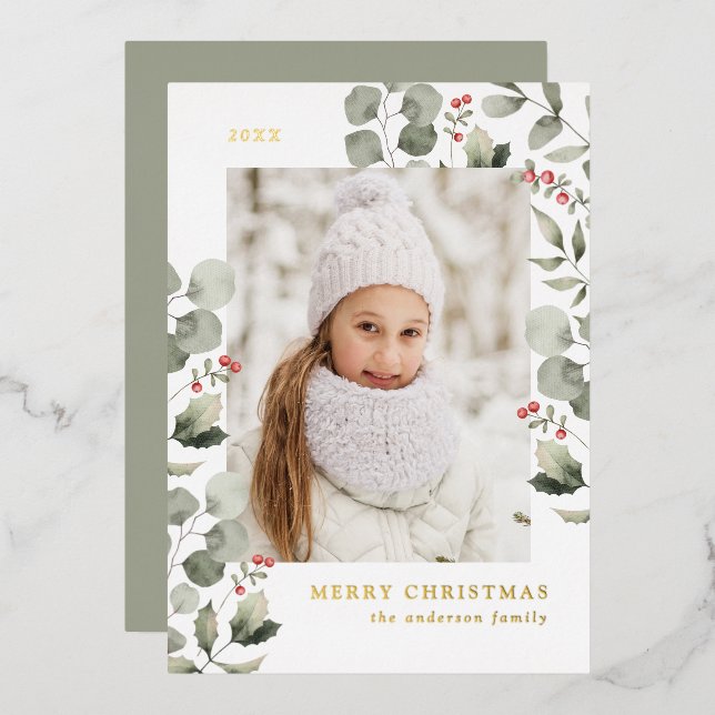 Elegant Winter Foliage and Holly Berries Photo Foil Holiday Card (Front/Back)