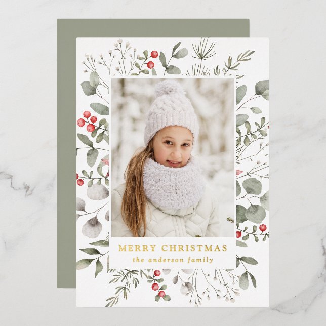 Elegant Winter Foliage and Holly Berries Photo Foil Holiday Card (Front/Back)