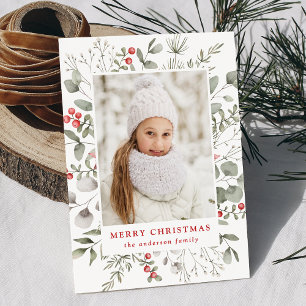 Elegant Winter Foliage and Holly Berries Photo Holiday Card