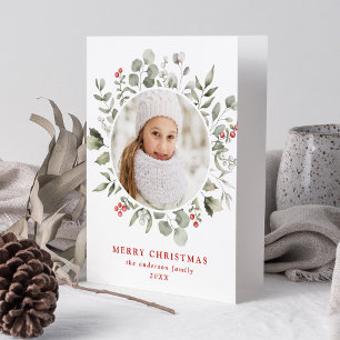 Elegant Winter Foliage and Holly Berries Photo Holiday Card