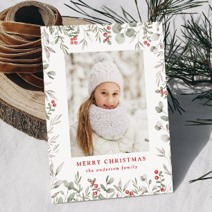 Elegant Winter Foliage and Holly Berries Photo Holiday Card
