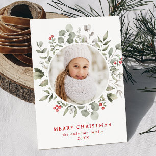 Elegant Winter Foliage and Holly Berries Photo Holiday Card