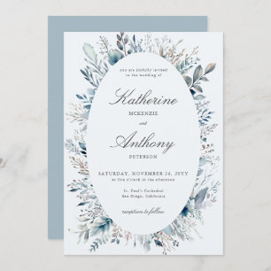 Elegant Winter Foliage Boho Frame Blue Wedding Invitation
