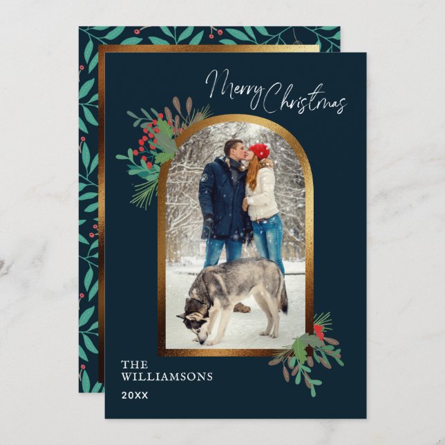 Elegant Winter Foliage Custom Arch Photo Christmas Holiday Card (Front/Back)