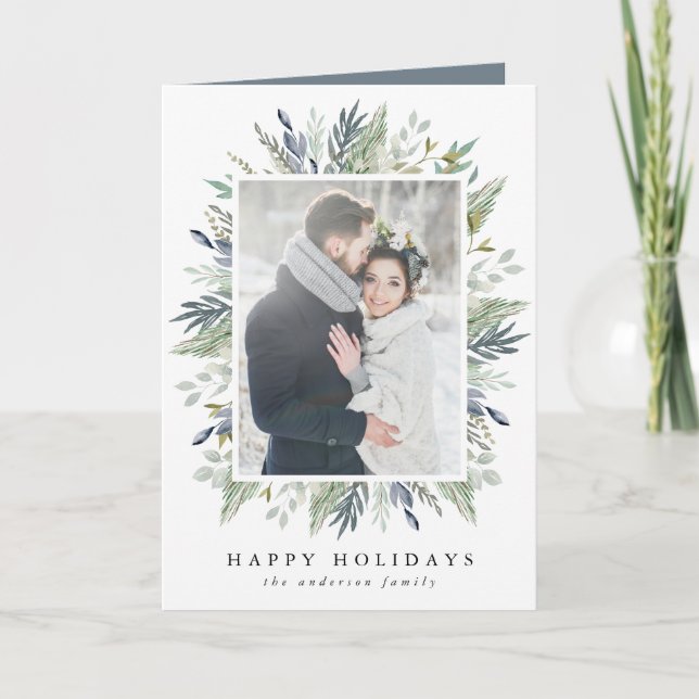 Elegant Winter Foliage Holiday Photo Greeting Card (Front)