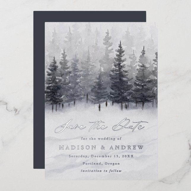Elegant Winter Forest Foil Save The Date Card (Front/Back)
