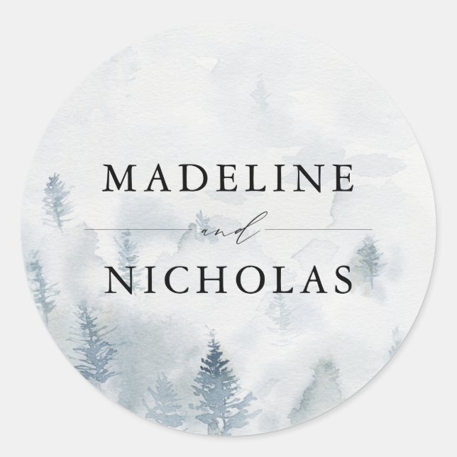 Elegant Winter Forest Personalised Wedding Classic Round Sticker (Front)