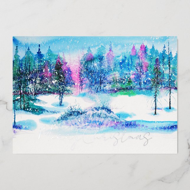 Elegant Winter Forest Watercolor Christmas Foil Holiday Card (Front)