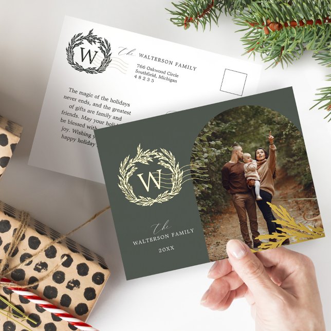 Elegant Winter Garland Monogram Wreath Arch Photo Foil Holiday Postcard (Elegant Winter Garland Monogram Wreath Arch Photo Foil Holiday Postcard)