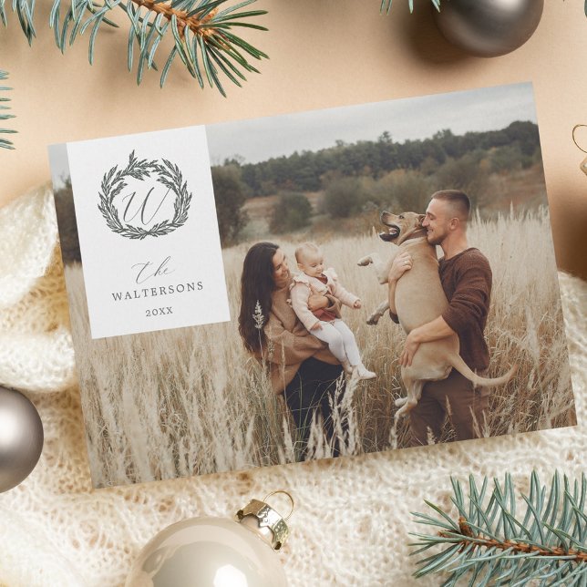 Elegant Winter Garland Wreath Monogram Crest Photo Holiday Card (Elegant Winter Garland Wreath Monogram Crest Photo Holiday Card (Front))