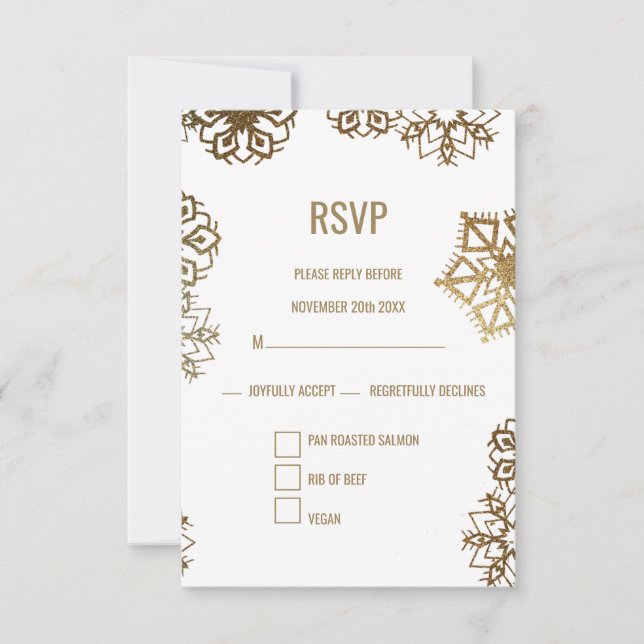 Elegant Winter Gold and White Wedding Food Choice RSVP Card (Front)