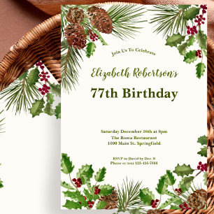 Elegant Winter Greenery 77th Birthday Invitation