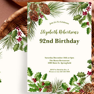 Elegant Winter Greenery 92nd Birthday Invitation