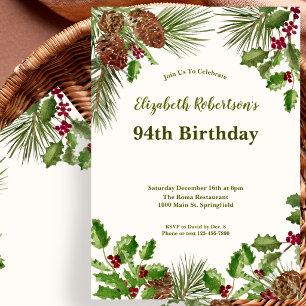 Elegant Winter Greenery 94th Birthday Invitation