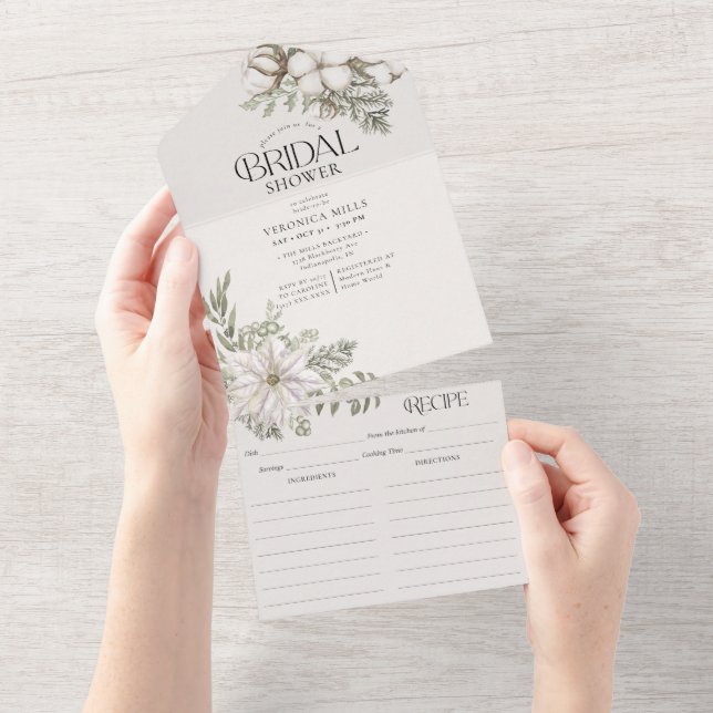 Elegant Winter Greenery Bridal Shower & Recipe  All In One Invitation (Tearaway)