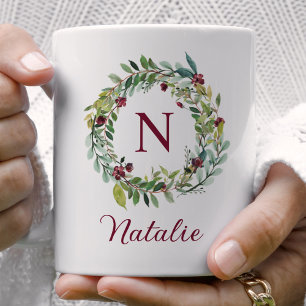 Elegant Winter Greenery Burgundy Monogram Wreath Coffee Mug