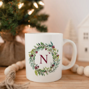 Elegant Winter Greenery Burgundy Monogram Wreath Coffee Mug