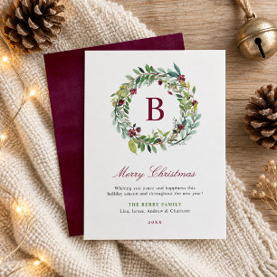 Elegant Winter Greenery Burgundy Monogram Wreath Holiday Card