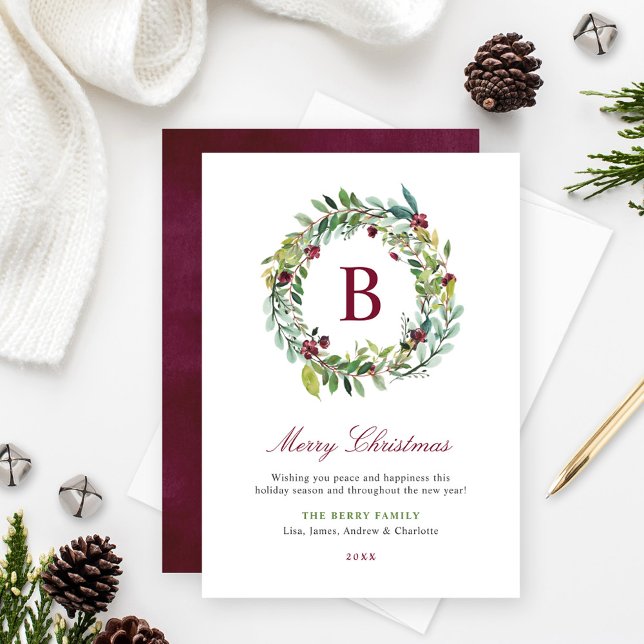 Elegant Winter Greenery Burgundy Monogram Wreath Holiday Card (Creator Uploaded)