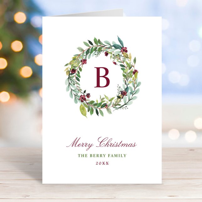 Elegant Winter Greenery Burgundy Monogram Wreath Holiday Card (Creator Uploaded)