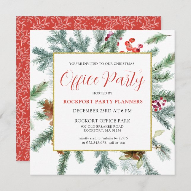 Elegant Winter Greenery Christmas Office Party Invitation (Front/Back)