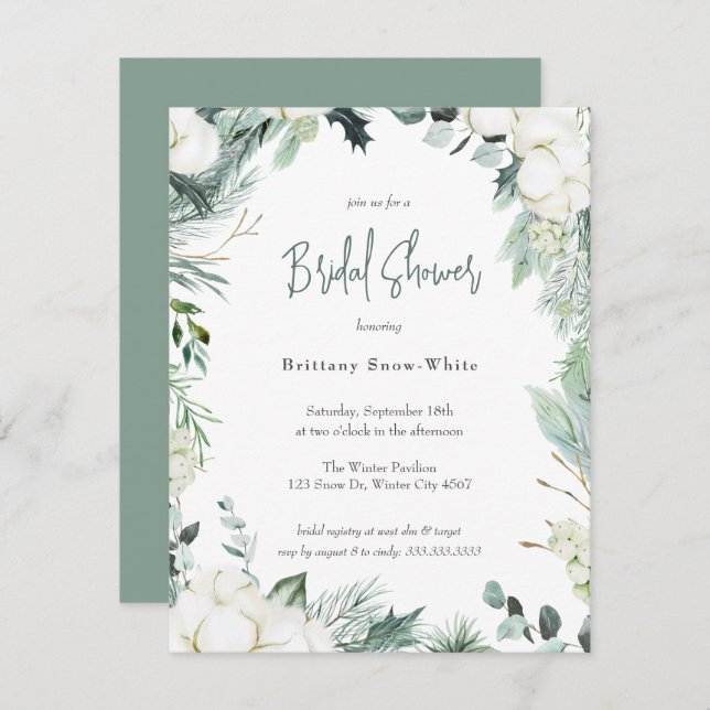 Elegant Winter Greenery Cotton Eucalyptus Bridal Invitation (Front/Back)