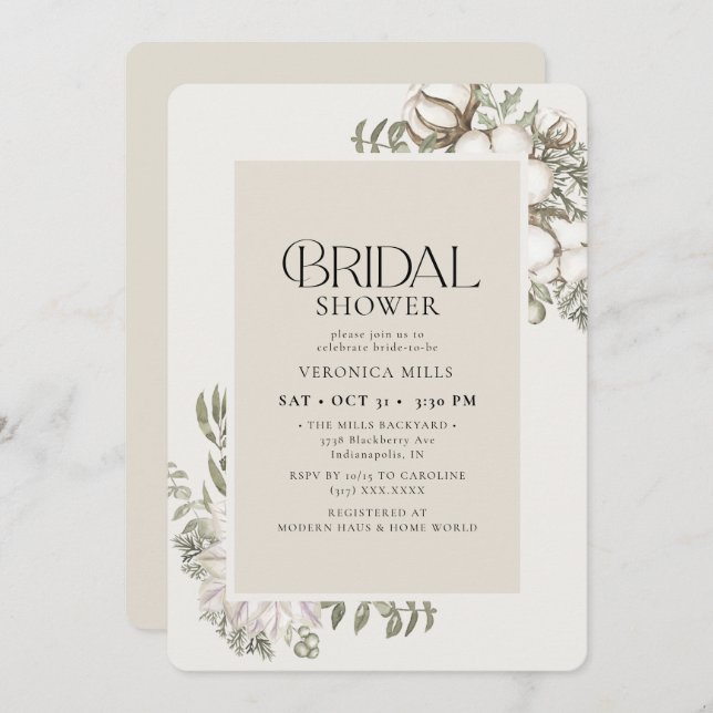 Elegant Winter Greenery Floral Ivory Bridal Shower Invitation (Front/Back)