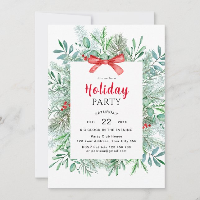 Elegant Winter Greenery Holiday Party Invitation (Front)