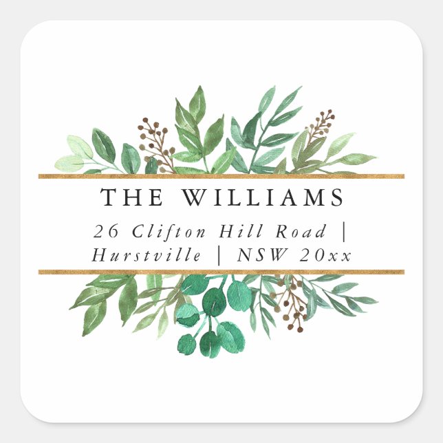 Elegant Winter Greenery Holiday Return Address Square Sticker (Front)