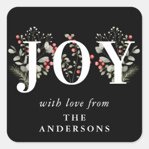 Elegant Winter Greenery JOY Christmas Holiday Square Sticker