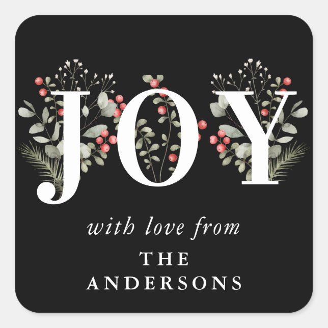 Elegant Winter Greenery JOY Christmas Holiday Square Sticker (Front)