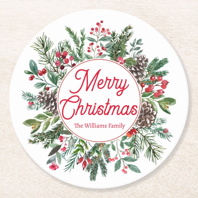 Elegant Winter Greenery Merry Christmas Red Script Round Paper Coaster (Front)
