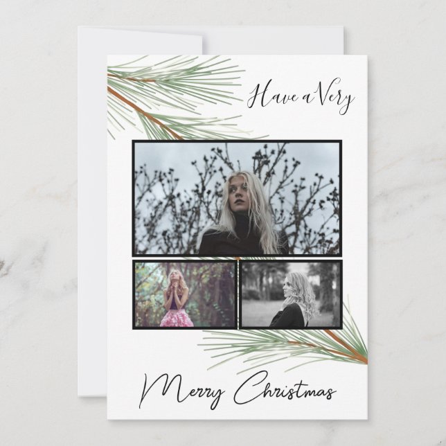 Elegant Winter Greenery Merry Christmas Tree Photo Holiday Card (Front)
