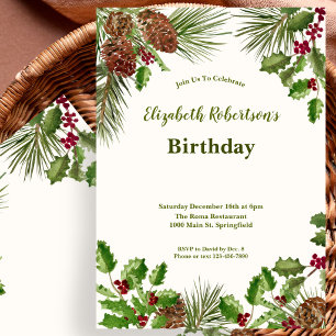 Elegant Winter Greenery No Year Birthday Invitation