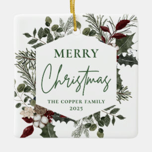 Elegant Winter Greenery Photo Christmas Ceramic Ornament