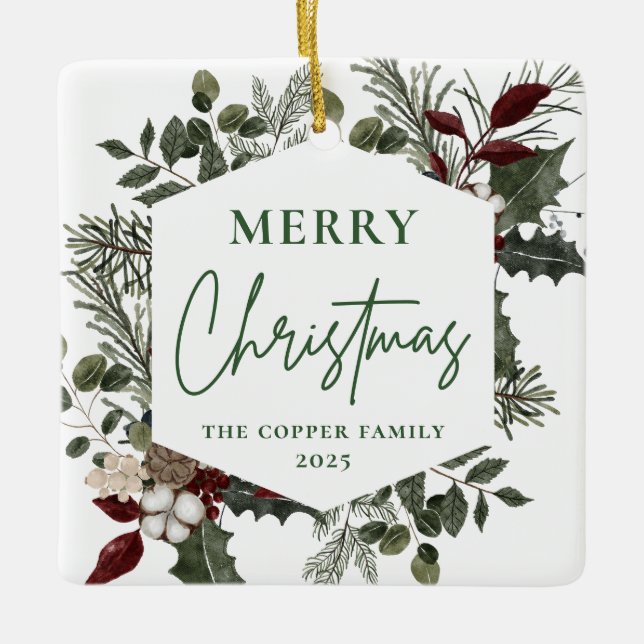 Elegant Winter Greenery Photo Christmas Ceramic Ornament (Front)