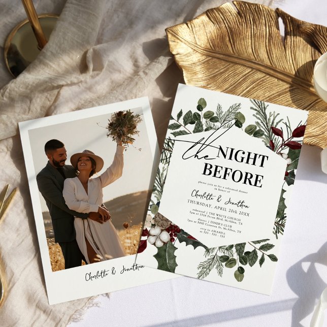 Elegant Winter Greenery Photo Rehearsal Dinner Invitation (Creator Uploaded)